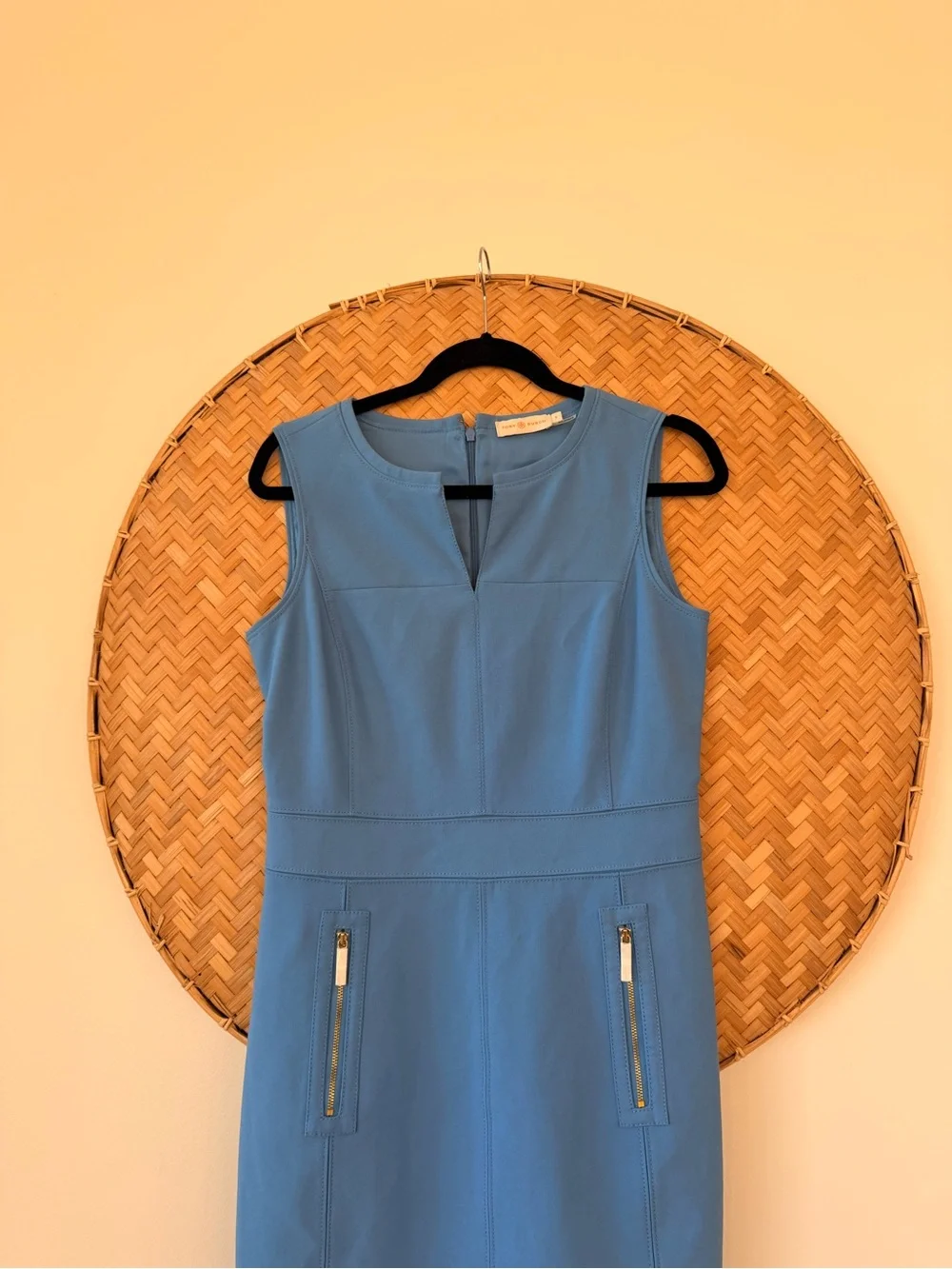TORY BURCH CHELSEA SHEATH DRESS MONTEGO BLUE ZIPPERED ‎ POCKETS CORP-CORE MODEST